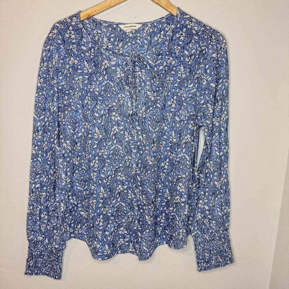 Lucky Brand Blue Paisley Floral Print Keyhole Tie Blouse Long Sleeve Large